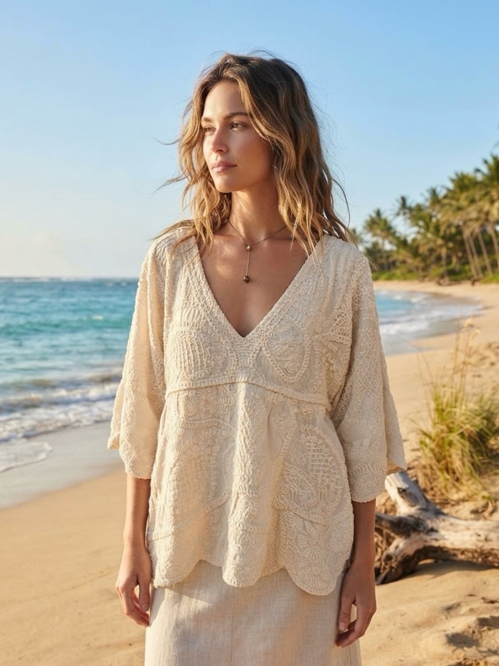 POL Cream Embroidered V-Neck Women's Top